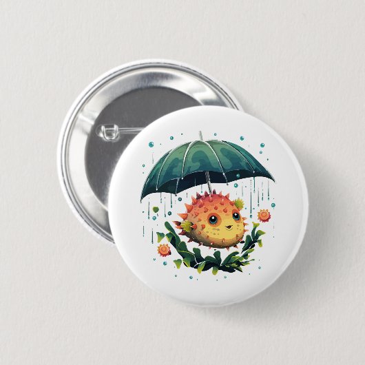傘をさしたフグの雨の日 缶バッジ (正面&裏面)