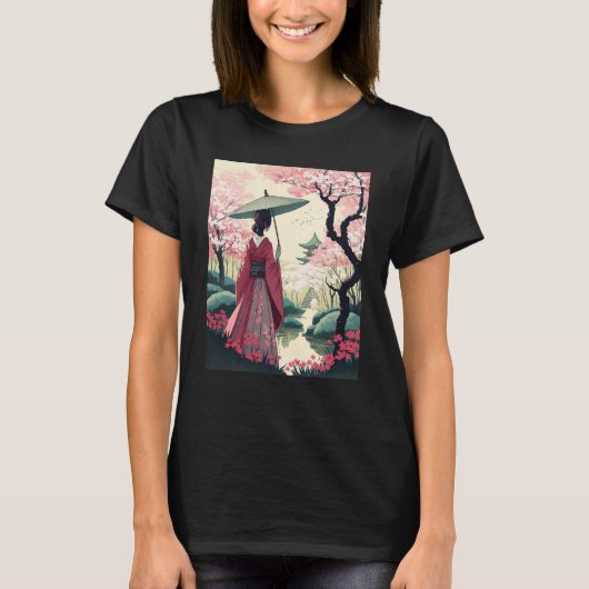 傘をさした日本女性 塔と桜 Tシャツ (正面)