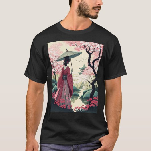 傘をさした日本女性 桜 パゴダ Tシャツ (正面)