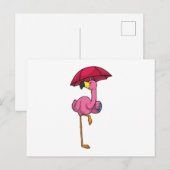 傘をさして雨に濡れるフラミンゴ ポストカード (正面/裏面)