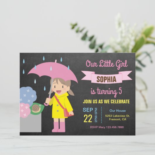 傘を差したかわいい女の子 |雨の誕生日パーティー 招待状 (スタンド正面)
