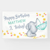 傘を差した可愛い象の男の子の誕生日パーティー 横断幕 (横)
