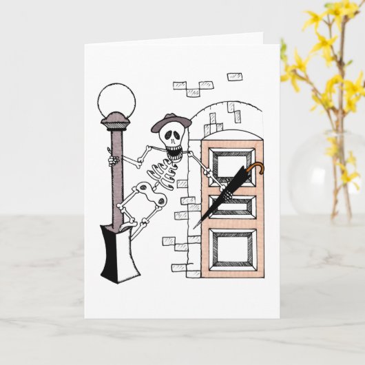 傘を差しながら雨の中で歌うスケルトンの映画スター カード (黄色い花)