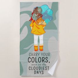 傘を巻いた女の子の前向き引用文 ビーチタオル