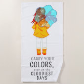 傘を巻いた女の子の前向き引用文 ビーチタオル (正面)