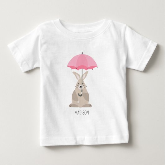 傘を持ったかわいいウサギのカスタム名前 ベビーTシャツ (正面)