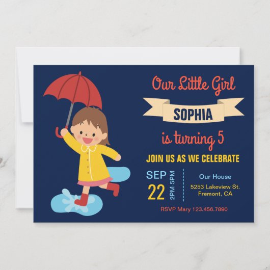 傘を持ったかわいい女の子 | 雨の日の誕生日パーティー 招待状 (正面)