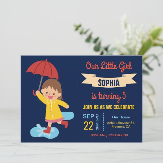 傘を持ったかわいい女の子 | 雨の日の誕生日パーティー 招待状 (スタンド正面)