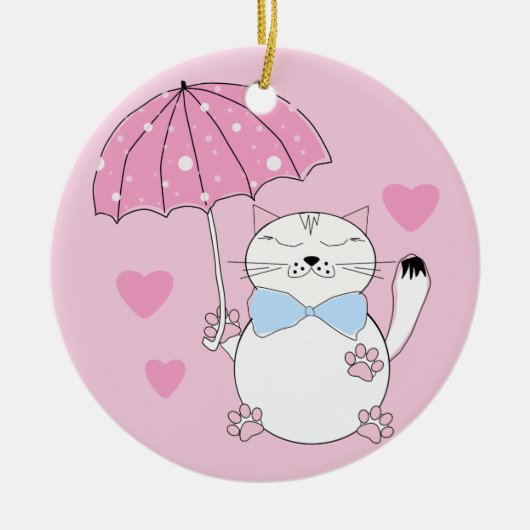 傘を持ったかわいい漫画の猫 セラミックオーナメント (正面)