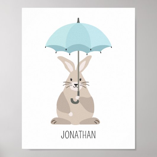 傘を持ったウサギのカスタム名前の保育園の壁アート ポスター (正面)