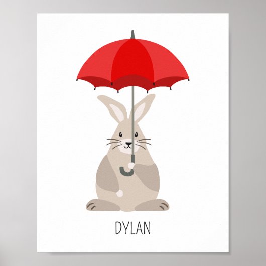 傘を持ったウサギのカスタム名前保育園の壁アート ポスター (正面)