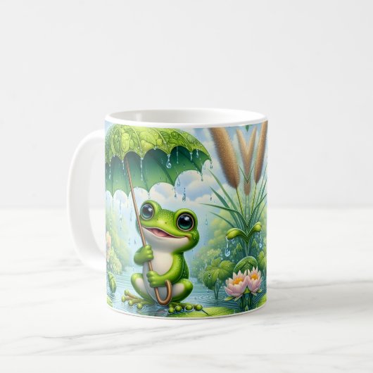 傘を持った可愛いカエル コーヒーマグカップ (正面左)
