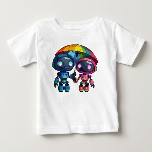 傘を持った2つの可愛いカラフル ベビーTシャツ (正面)