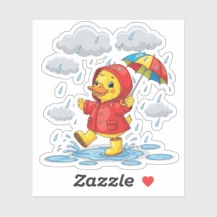 傘を持って雨の中で遊ぶキャラクターのアヒルの子 シール