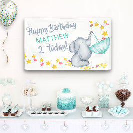 傘を持つかわいい象 男の子の誕生日パーティー 横断幕