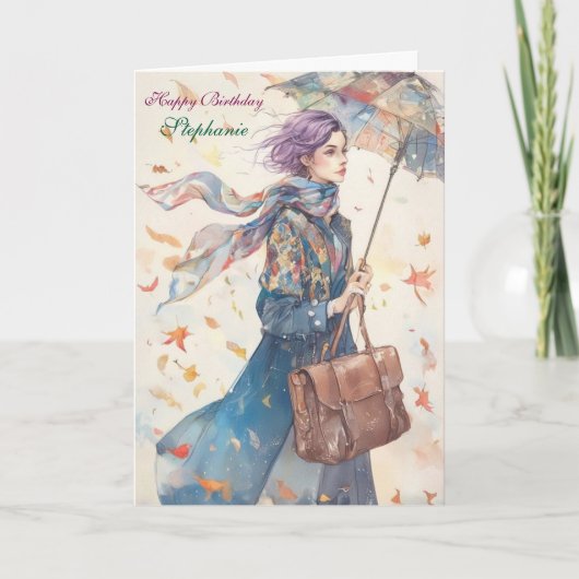 傘を持つスタイリッシュな女性の誕生日カード カード (正面)