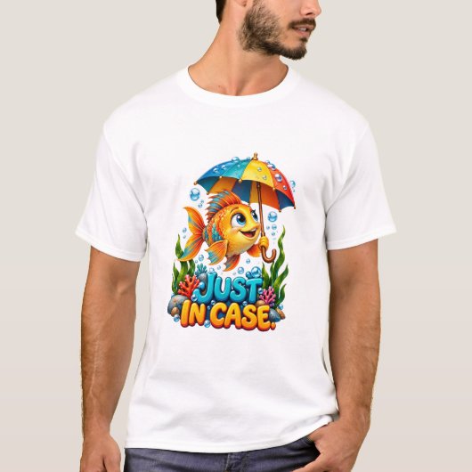 傘を持つ面白い魚 Tシャツ (正面)
