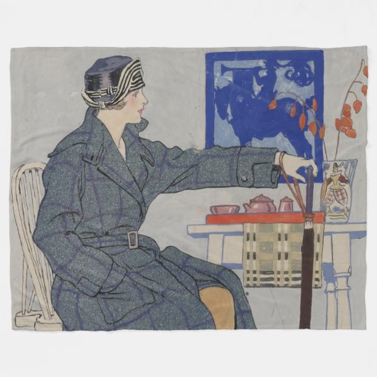 傘カフェのヴィンテージ絵画の人 フリースブランケット (正面(横))