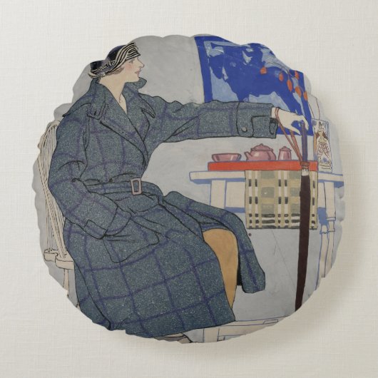 傘カフェのヴィンテージ絵画の人 ラウンドクッション (正面)