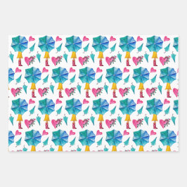 傘ガール水彩ハート花柄 ラッピングペーパーシート