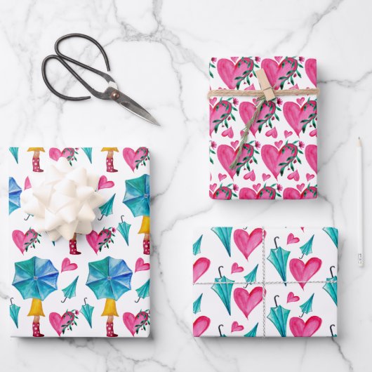 傘ガール水彩ハート花柄 ラッピングペーパーシート (正面)
