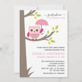 傘ベビーシャワー付きピンクフクロウ 招待状 (正面)