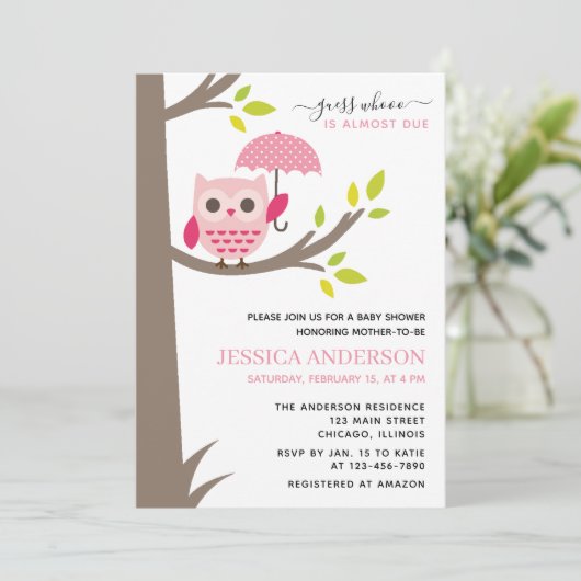 傘ベビーシャワー付きピンクフクロウ 招待状 (スタンド正面)