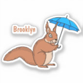傘マンガが描かれた可愛い赤リス シール (正面)