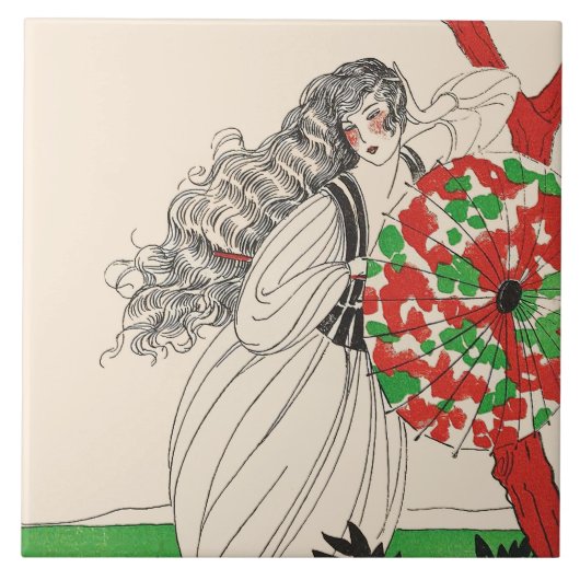 傘付きアールデコ美しいファッション髪 タイル (正面)