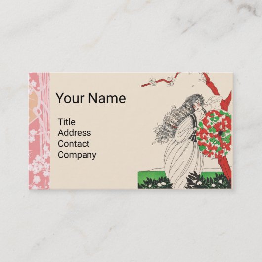 傘付きアールデコ美しいファッション髪 名刺 (正面)