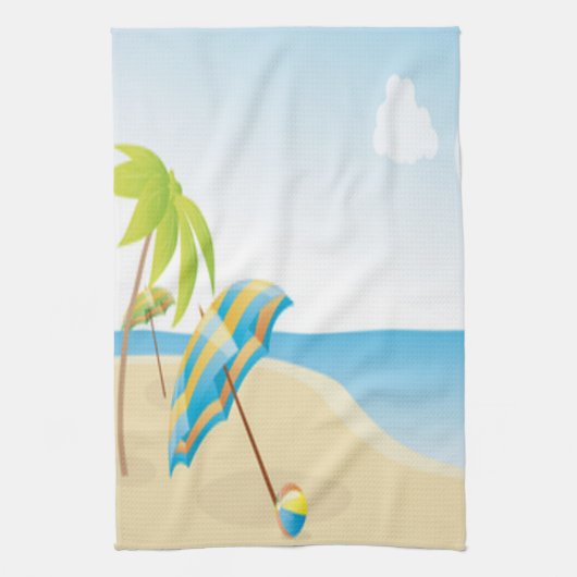 傘、ヤシの木及びビーチボールとのビーチ場面 キッチンタオル (縦)