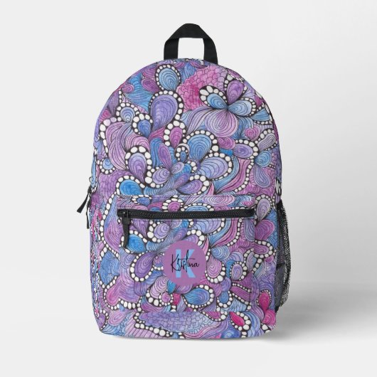 催眠術の手描き紫オーガニックの渦巻きと名前 プリントバックパック (正面)