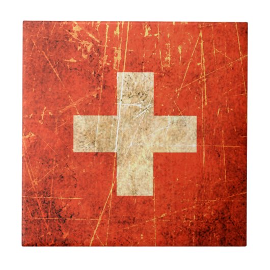 傷付けられ、擦り切れたなヴィンテージのスイス人の旗 タイル (正面)