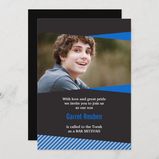 傾けられたフレームのバーの（ユダヤ教の）バル・ミツバーの写真の招待状 招待状 (正面/裏面)