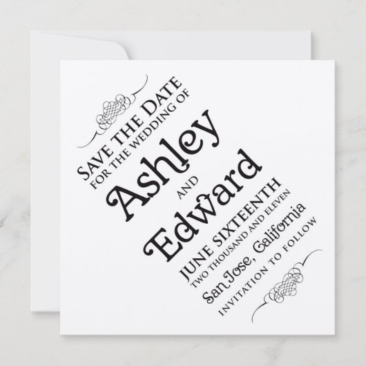 傾けられた保存日付の招待状 セーブザデート (正面)