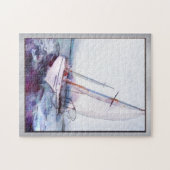 傾斜のヨットのシンプルな水彩画そしてインク ジグソーパズル (横)