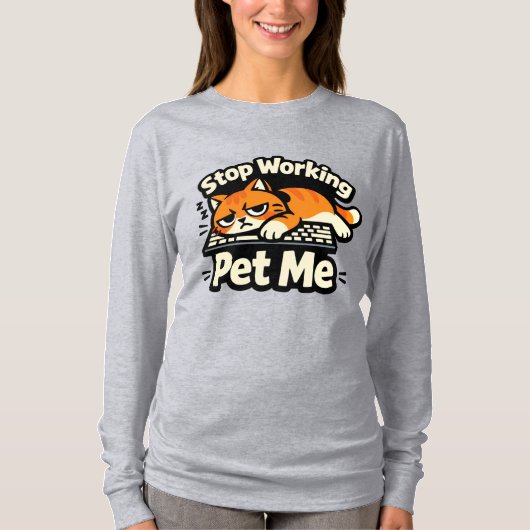 働くのやめて、撫でて – 怠けキーボード猫 Tシャツ (正面)