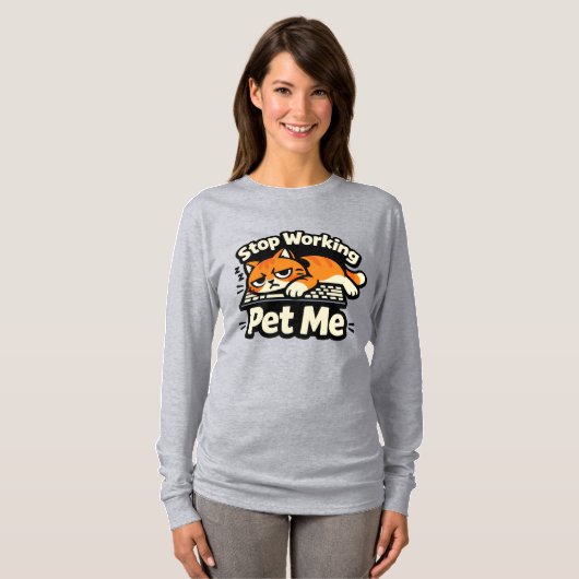 働くのやめて、撫でて – 怠けキーボード猫 Tシャツ (正面フル)