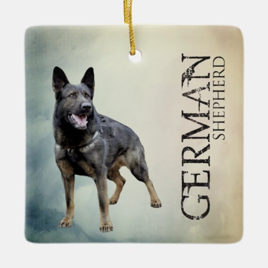 働くジャーマン・シェパード犬- GSD セラミックオーナメント (正面)
