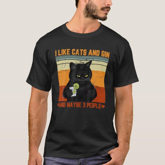 僕は猫とジンが好きで、3人は猫好きかもしれない Tシャツ (正面)