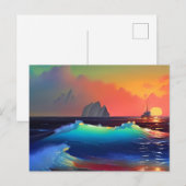 儚いターコイズの波、船、ピンクの夕陽 ポストカード (正面/裏面)