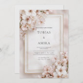 儚いピンクの桜のゴールドフレームウェディング 招待状 (正面/裏面)