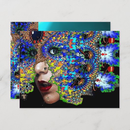 儚いマーディ・グラス・マスカレード・パーティー , 青, マスク 招待状 (正面/裏面)