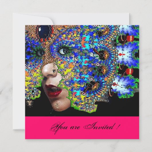 儚いマーディ・グラス・マスク・ボール、フクシアブラック 招待状 (正面)