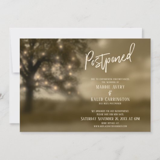 儚い木と光 延期 結婚式のカード 招待状 (正面)