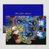儚い、マルディ・グラのマスカレードパーティー 黒と青 招待状 (正面/裏面)