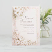 儚くも美しい白い花のゴールドグリッターウェディング 招待状 (スタンド正面)