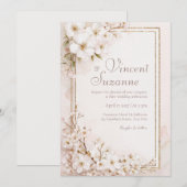 儚くも美しい白い花のゴールドグリッターウェディング 招待状 (正面/裏面)