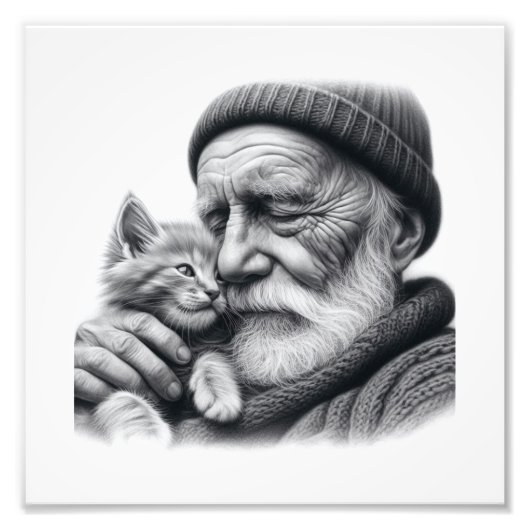 優しいおじいさんと子猫の壁掛けアート フォトプリント (正面)
