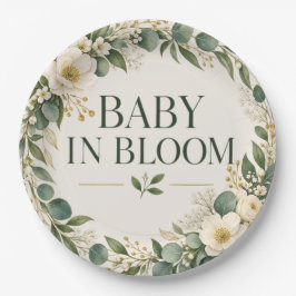 優しいグリーンのボタニカルな花とBaby in Bloom ペーパープレート